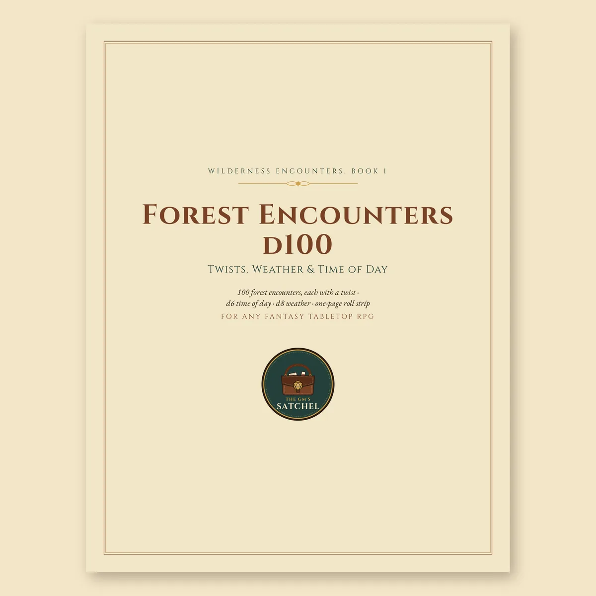 Cover of Forest Encounters d100, a printable fantasy TTRPG table with twists, weather and time of day.