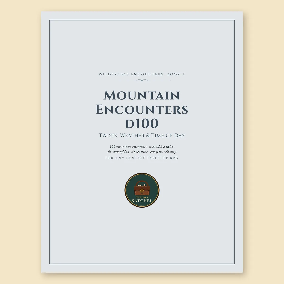 Cover of Mountain Encounters d100, a printable fantasy TTRPG table with twists, weather and time of day.