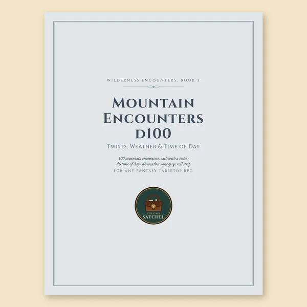 Cover of Mountain Encounters d100, a printable fantasy TTRPG table with twists, weather and time of day.