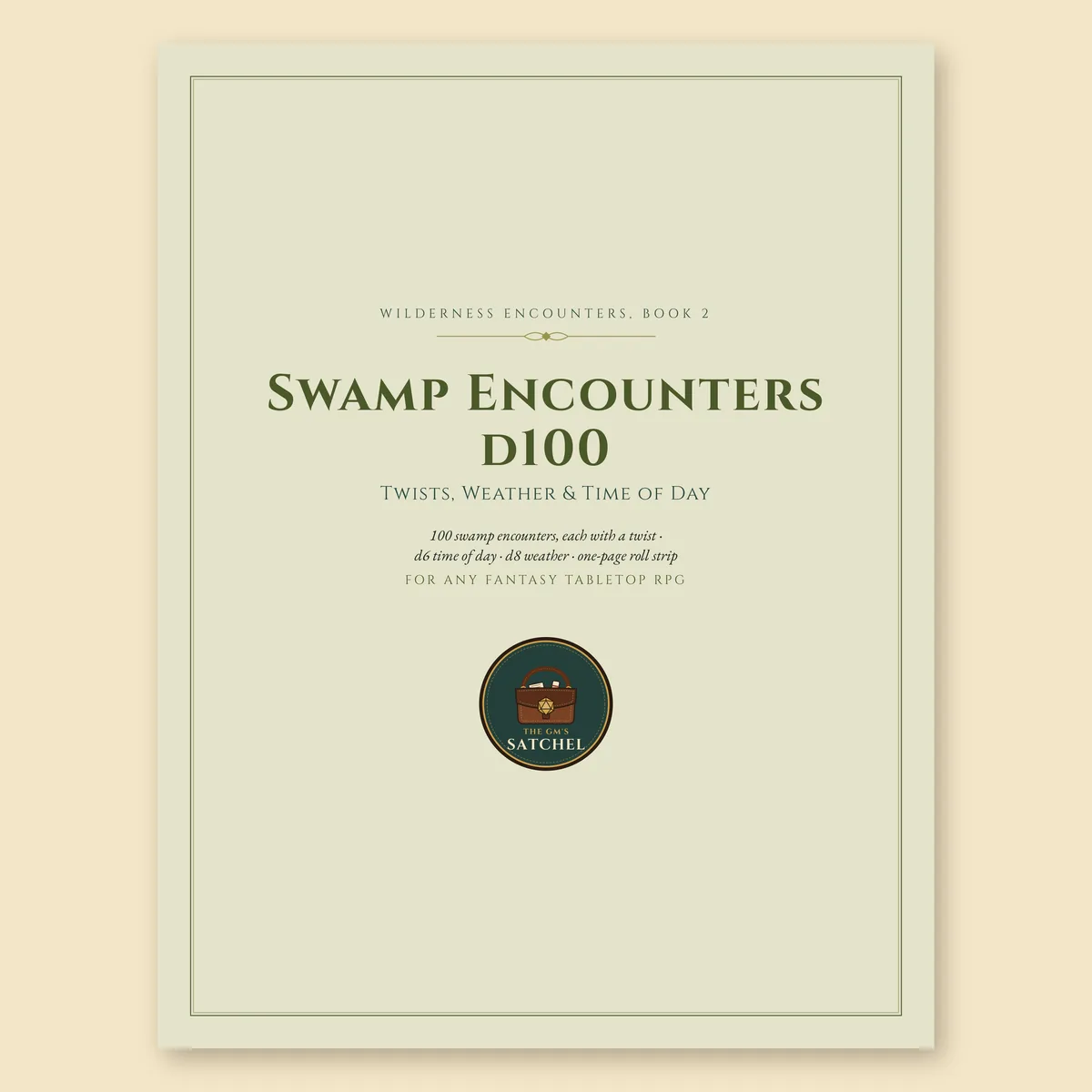 Cover of Swamp Encounters d100, a printable fantasy TTRPG table with twists, weather and time of day.