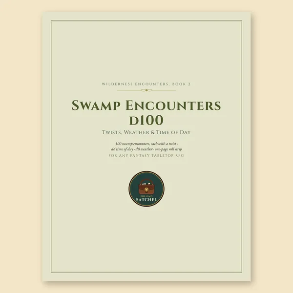Cover of Swamp Encounters d100, a printable fantasy TTRPG table with twists, weather and time of day.