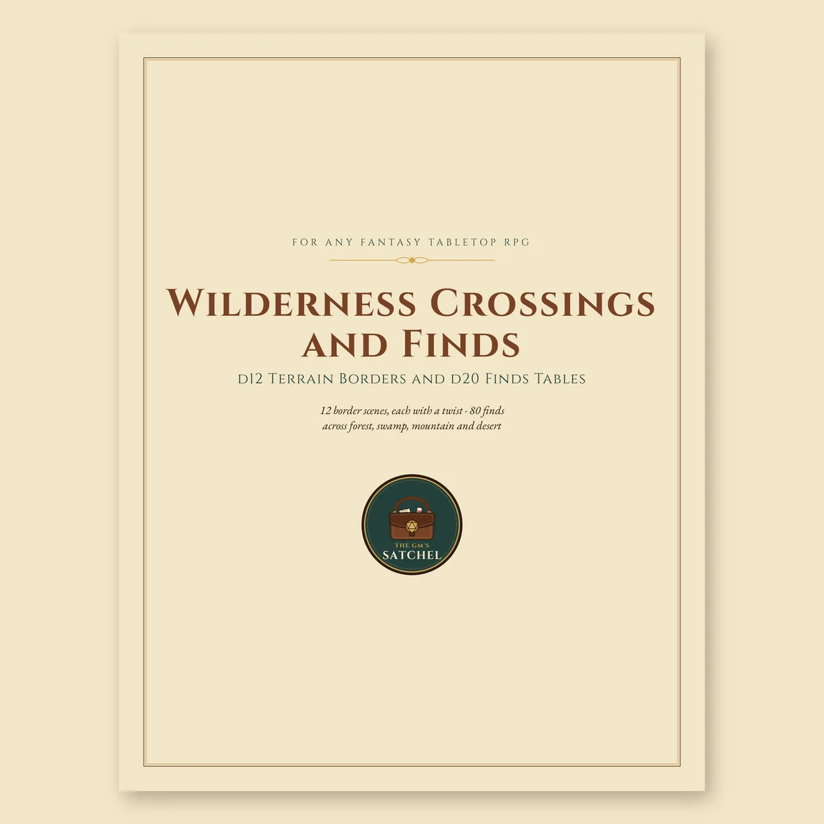 Cover of Wilderness Crossings and Finds, an add-on pack of printable d12 terrain border scenes and d20 finds tables for any fantasy TTRPG.