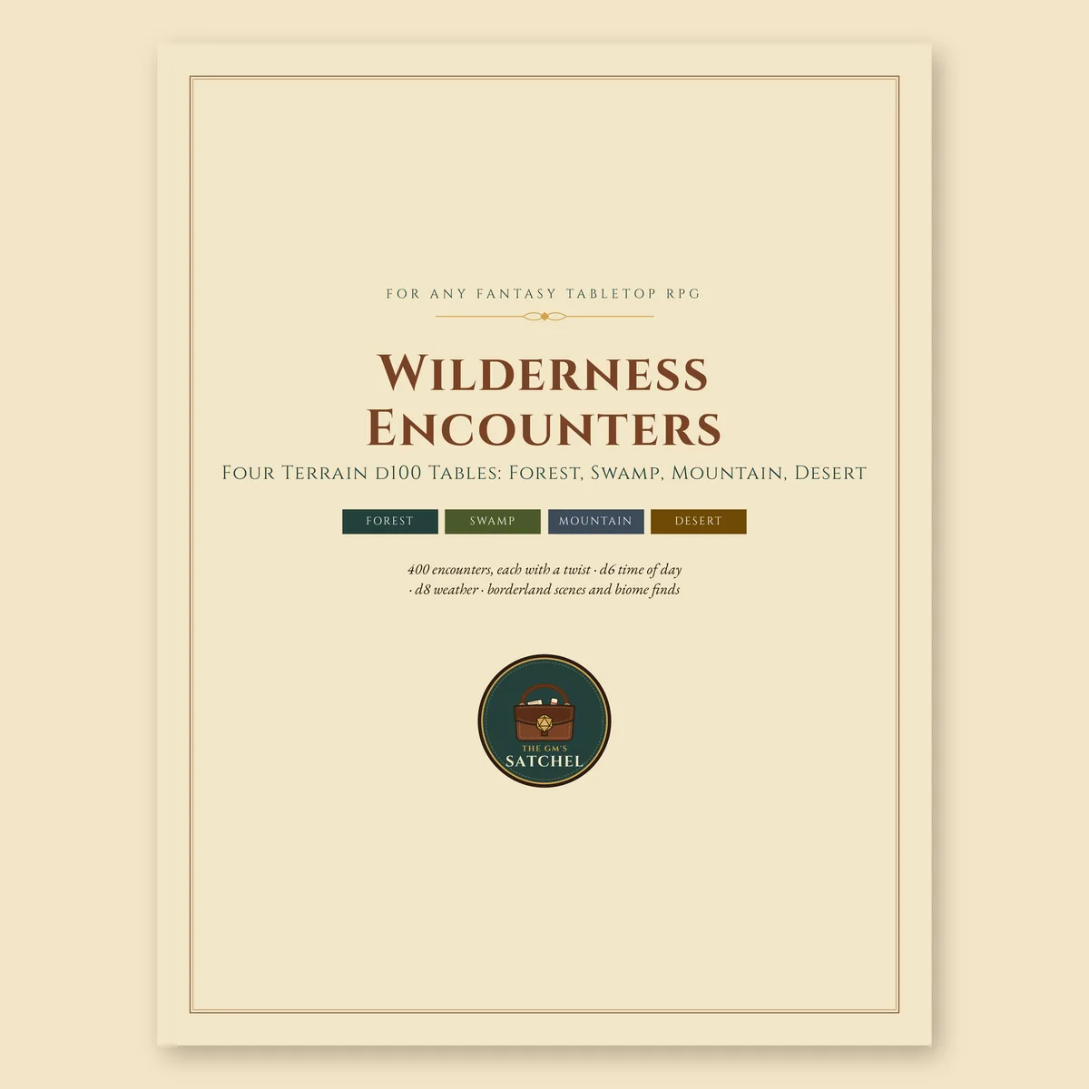 Cover of Wilderness Encounters, a bundle of four printable d100 tables for any fantasy TTRPG, with a color strip for forest, swamp, mountain and desert.