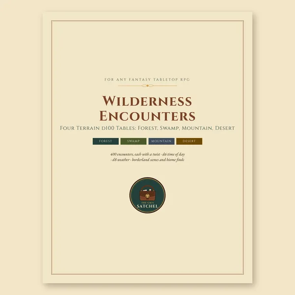 Cover of Wilderness Encounters, a bundle of four printable d100 tables for any fantasy TTRPG, with a color strip for forest, swamp, mountain and desert.